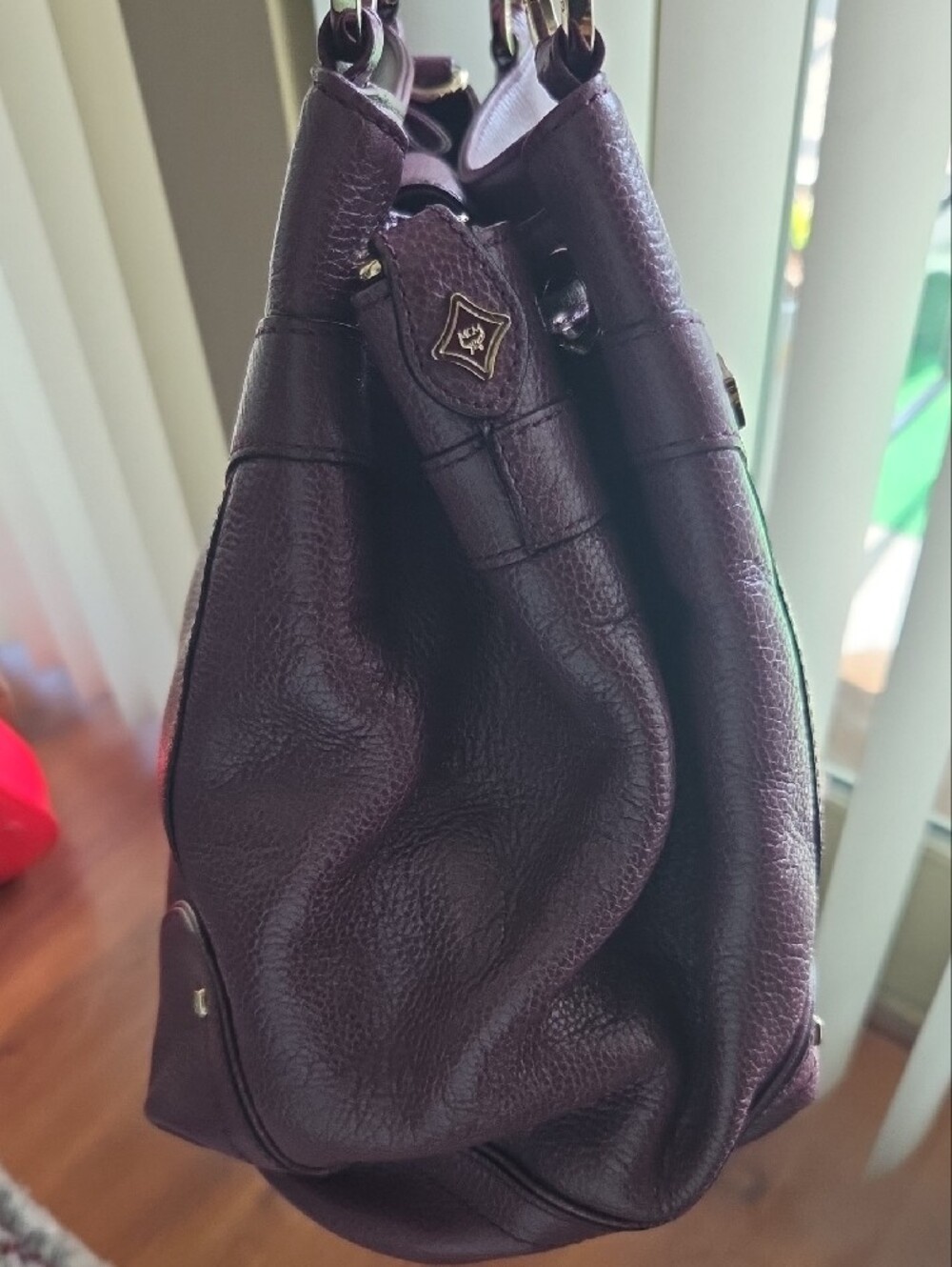MCM Plum Drawstring Tote with Gold-Tone Hardware - Picture 4 of 15